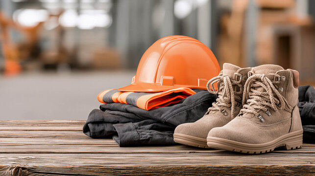 A set of personal protective equipment includes a hard hat, a vest, and work boots on a table, representing safety in construction and industry.