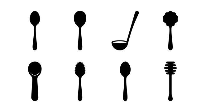 Diverse Spoon Silhouettes, Kitchen Utensil Icons, Serving Ladle, Honey Dipper, Vector Set