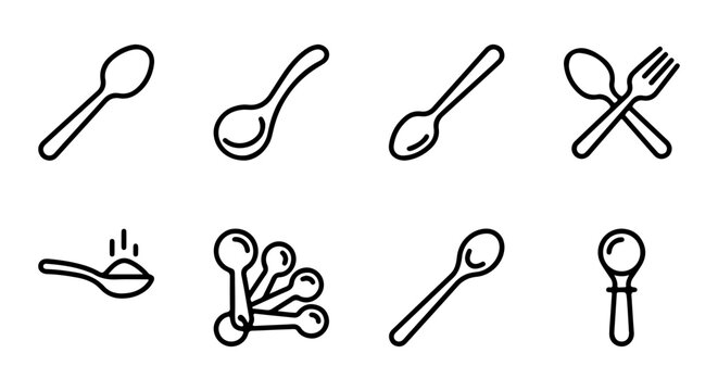 Spoon Icons Set, Kitchen Utensil Vector Graphics, Cooking Tools Collection, Simple Line Art