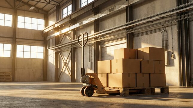 Industrial warehouse interior featuring a pallet jack loaded with cardboard boxes illuminated by warm afternoon sunbeams streaming through large factory windows in a spacious storage facility