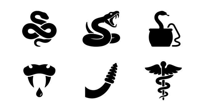 Snake Icons Set, Serpent Symbols, Medical Caduceus, Venomous Fangs, Reptile Graphics