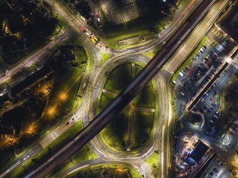 Night Top Down over Penn Inn Flyover and Roundabout from a drone Newton Abbot, Devon, England, United Kingdom