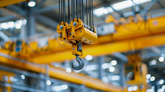 Close-up of a crane hook and blocks against the background of a production hall's beams - about lifting and moving cargo, warehouse logistics, and heavy equipment.