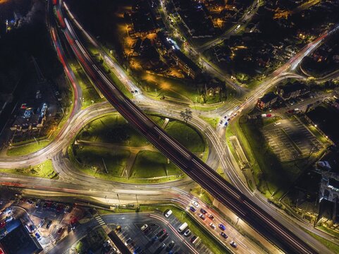 Night Top Down over Penn Inn Flyover and Roundabout from a drone Newton Abbot, Devon, England, United Kingdom