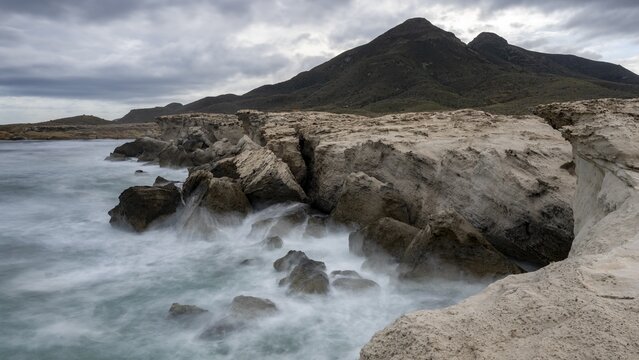 Playa Los Escullos, Cabo de Gata, Los Escullos, Playa del Arco, El Arco beach, Cabo de Gata-Nijar Natural Park, Almeria, Andalusia, Spain