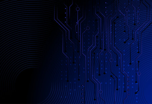 Futuristic blue digital circuit board pattern with glowing connections and data network