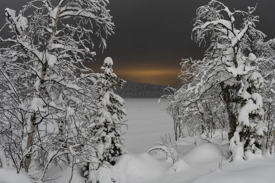 Winter evening in a snow-covered landscape, G&auml;llivare, Norrbotten, Lapland, Sweden, January 2021