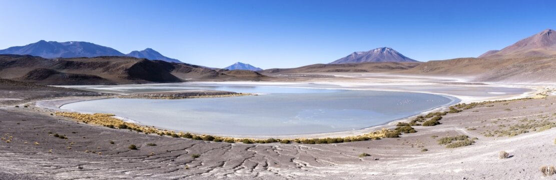 Panorama of Laguna Honda, lined with a few bushes, lagoon route, San Pedro de Quemes, Departamento Potos&iacute;, Bolivia