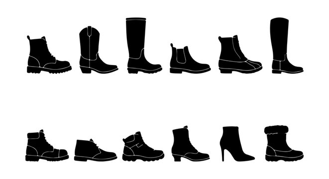 Diverse Boot Collection Vector Icons, Footwear Styles Set, Fashion Shoe Silhouettes, Winter and Casual Boots