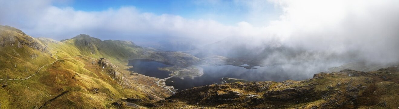 Pyg Track over Llyn Llydaw lake from a drone, Pen-y-Pass, mountain pass, Snowdonia, Gwynedd, north-west Wales, UK