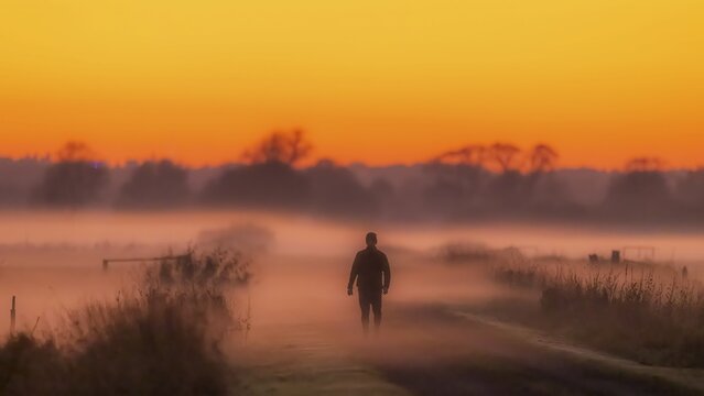A lonely person walks at sunset through the misty lowmoor landscape, D&uuml;mmer nature park Park, Lower Saxony, Germany