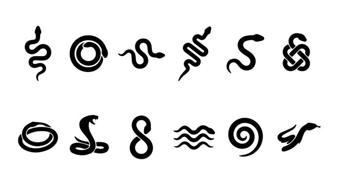 Set of 12 Black Snake Vector Icons, Reptile Silhouettes for Wildlife and Mythology Graphics