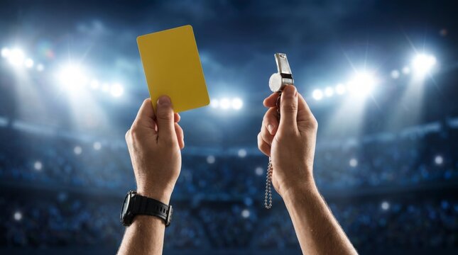 Referee holding up a yellow card and metal whistle in a stadium for fairness and penalty decisions in professional soccer match competition under bright night floodlights for sports officials