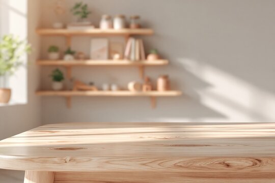 Warm Sunlight Illuminates a Rustic Wooden Table in a Bright, Minimalist Kitchen with Shelving