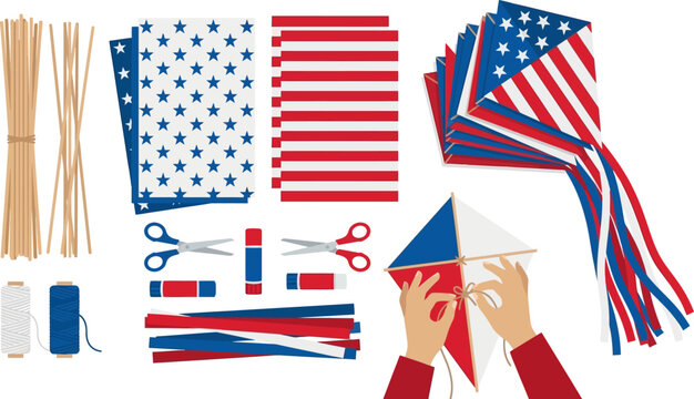 Hands assembling a kite decorated with American flag patterns for a summer outdoor activity.
