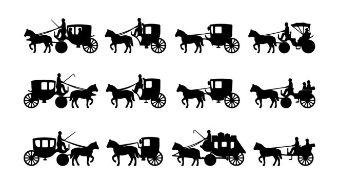 Vintage horse carriage silhouettes, antique Victorian stagecoach and buggy icons, 12 black horse-drawn vehicle vector elements for historical design