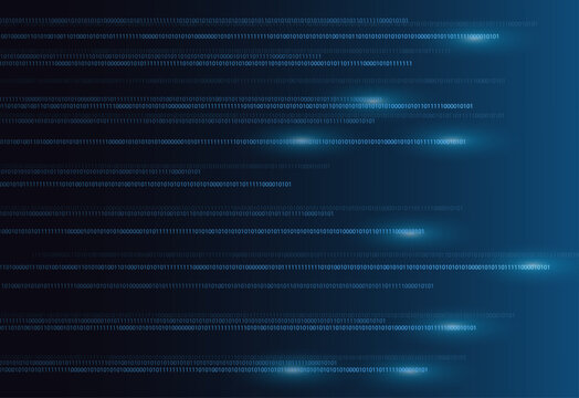 Abstract technology background with glowing binary code and digital data stream in blue