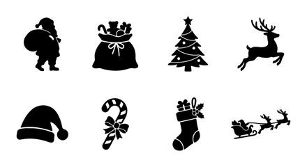 Fototapeta premium Christmas Icons Silhouette Set: Santa Claus, Reindeer, Tree, Stocking, Candy Cane, Sleigh