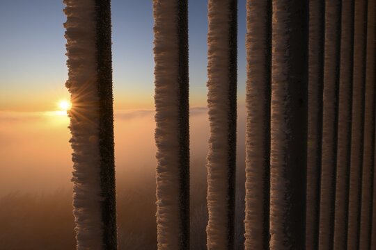 Sunset behind an icy railing with orange sky in the Teutoburg Forest on the Steinegge observation tower, Dissen, Osnabr&uuml;cker Land, Teutoburg Forest, Lower Saxony, Germany
