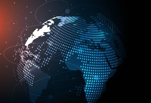 Abstract digital globe with dotted world map, data network connections and futuristic tech