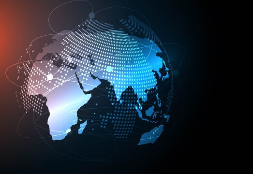 Futuristic digital world map with glowing network dots and data streams for global connectivity