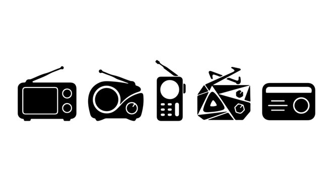 Retro Radio Icons, Vintage Audio Devices, Classic Broadcast Receivers, Set of 5 Vector Graphics