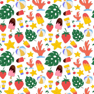 Summer beach vector seamless pattern. Tropical hand drawn design with fruits and ice cream, monstera leaves, coral, starfish and beach accessories for textile, wrapping paper and packaging.