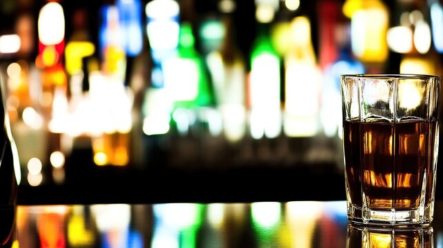 A solitary glass of amber whiskey on a dimly lit bar counter beneath colorful city lights