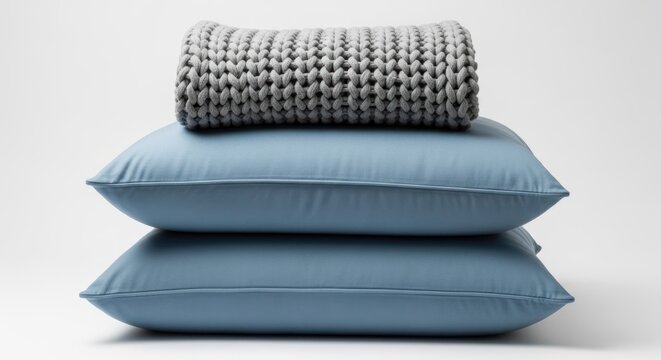 Minimalist Studio Shot Stack of Two Soft Blue Pillows Topped with a Chunky Grey Knitted Woolen Blanket for Cozy Home Decor and Bedding Interior