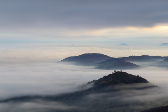 Inversion weather, fog, dawn, autumn, view from Breitenstein to Limburg, Ochsenwang, Swabian Jura, Baden-W&uuml;rttemberg, Germany