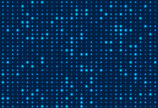 Abstract background of glowing blue light dots arranged in grid pattern on dark blue