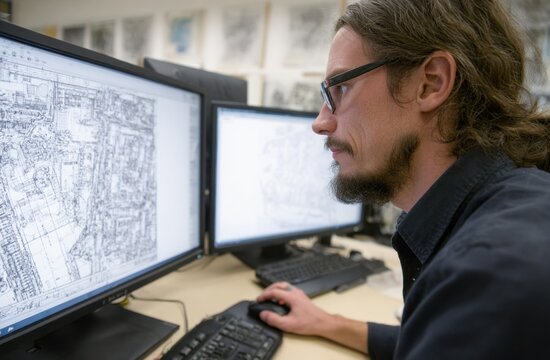 Man with glasses and beard working on computer-aided design software in an office setting, focusing on blueprints on the screen