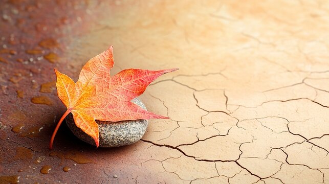 A solitary orange autumn maple leaf resting on a smooth stone above cracked parched earth