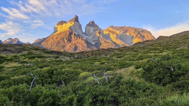 Los Cuernos, the horns, in the evening light, m Torres del Paine National Park, Andes, Chile