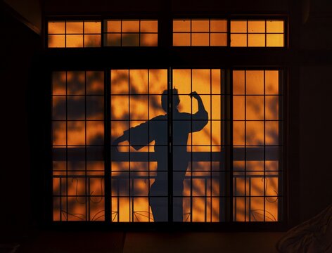 Shadows of a woman in kimono, on the balcony behind sliding shoji doors in a traditional Japanese house, ninja, Yamanouchi, Nagano, Japan