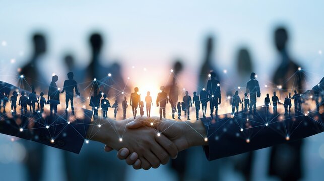 Business handshake symbolizing partnership and global network connections with diverse team silhouettes at sunset