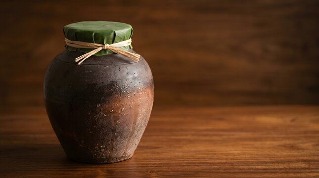 Traditional unglazed earthenware fermentation crock sealed with banana leaf and raffia with condensation on dark teak wood, Southeast Asian ferment heritage food art horizontal copy space