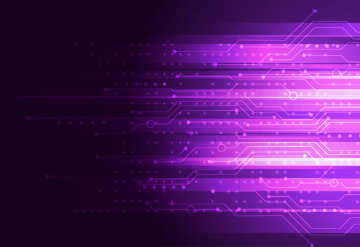 Abstract neon purple circuit board background with glowing data lines and digital network