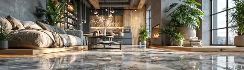 Obraz premium Modern loft apartment interior with cozy living area, open kitchen, and abundant natural light
