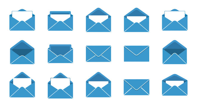 Collection of blue envelopes in various open and closed positions
