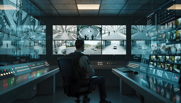 Professional security guard intently monitoring multiple CCTV screens in a modern surveillance control room