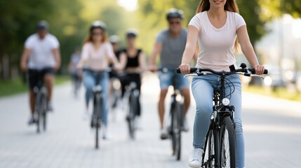 Fototapeta premium Young woman in casual attire rides a bicycle on a paved path with a group of cyclists in the background, surrounded by greenery and trees in a sunny outdoor park setting
