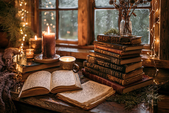 Study desk with stacked books, handwritten notes and glowing candles, rainy day