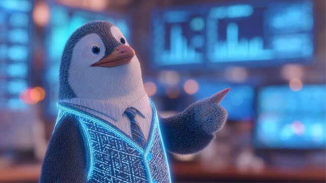 A charming animated penguin in a glowing suit gestures confidently in front of digital screens, showcasing a high-tech environment.