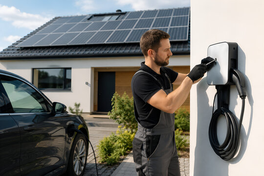 Technician installing home EV charger with solar panels
