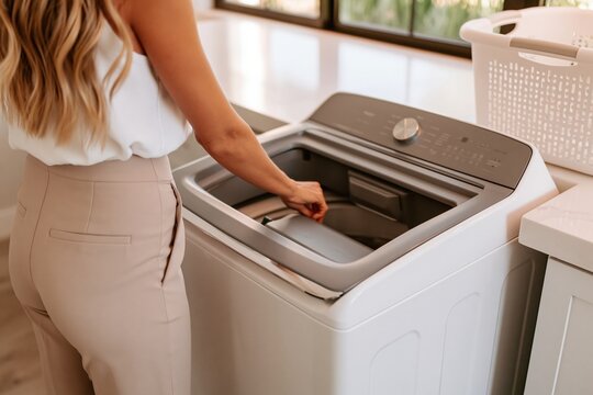 Woman loading laundry into a modern top-loading washing machine for household chores and domestic tasks