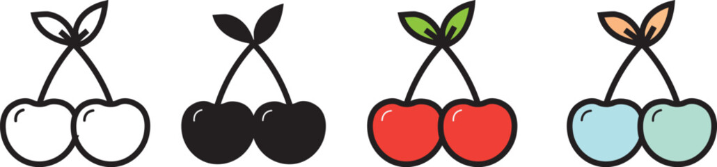 Fresh cherry fruit pair icon set. Organic food branding elements for sweet berry juice and grocery retail designs containing creative flat vector artwork © fatima