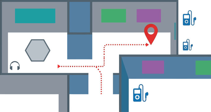 Audio tour map indicates a path through an exhibition space with headphone stations.