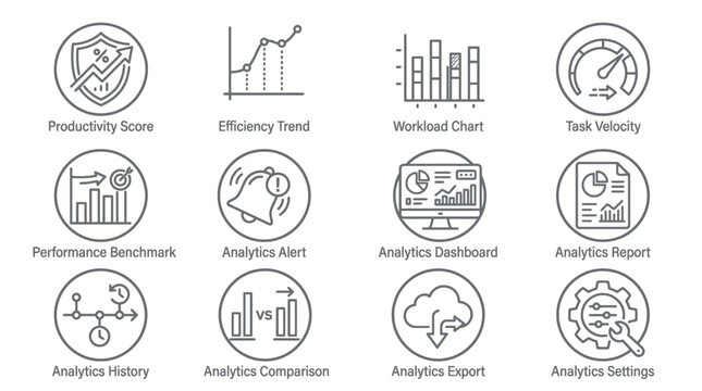Set of data analytics and business performance management icons.