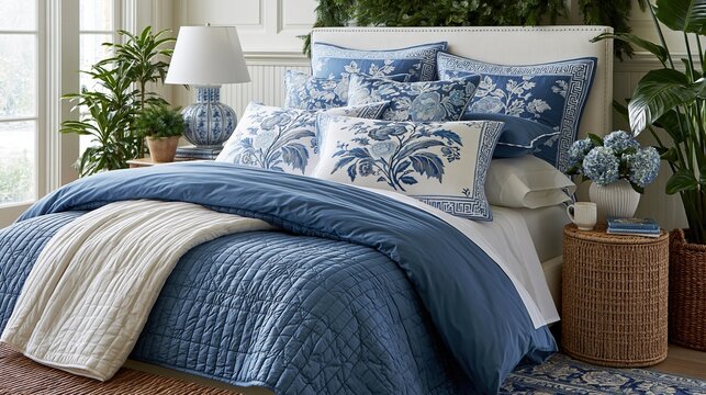 Comfortable Blue and White Botanical Print Bedding Ensemble with Cozy Quilted Comforter and Decorative Pillows